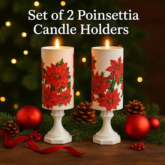 Set of 2 Handmade Poinsettia Christmas Candle Holders / Holiday Flower Pots - Picture 1 of 2
